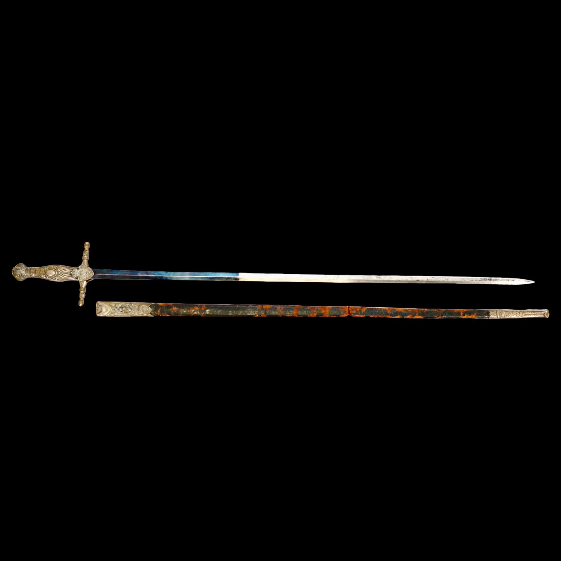 Rare Spanish small sword with scabbard, bronze hilt and blued blade, 19th century. - Bild 23 aus 25