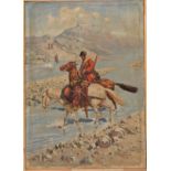 Attributed Franz Alekseevic ROUBAUD (1856 - 1928) Circassian Riders at the crossing, oil on canvas.