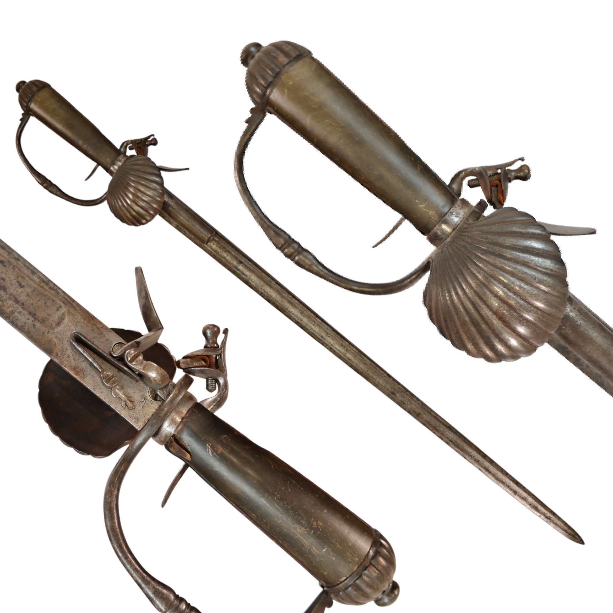 A FLINT LOCK HUNTING SWORD PISTOL WITH SHELL GUARD, IN THE ENGLISH TASTE, LAST HALF 18TH CENTURY.