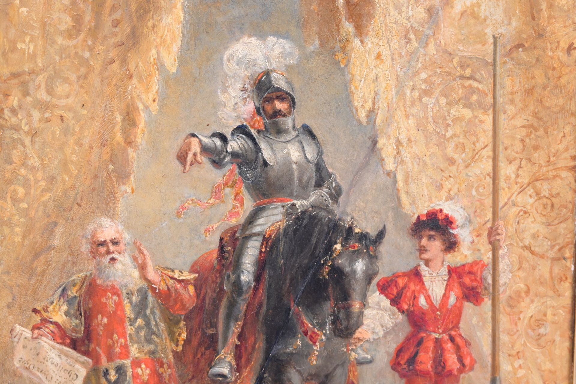 A painting, Oil on wood panel. France 19th century. A knight challenging to a duel in a tournament - Bild 5 aus 9