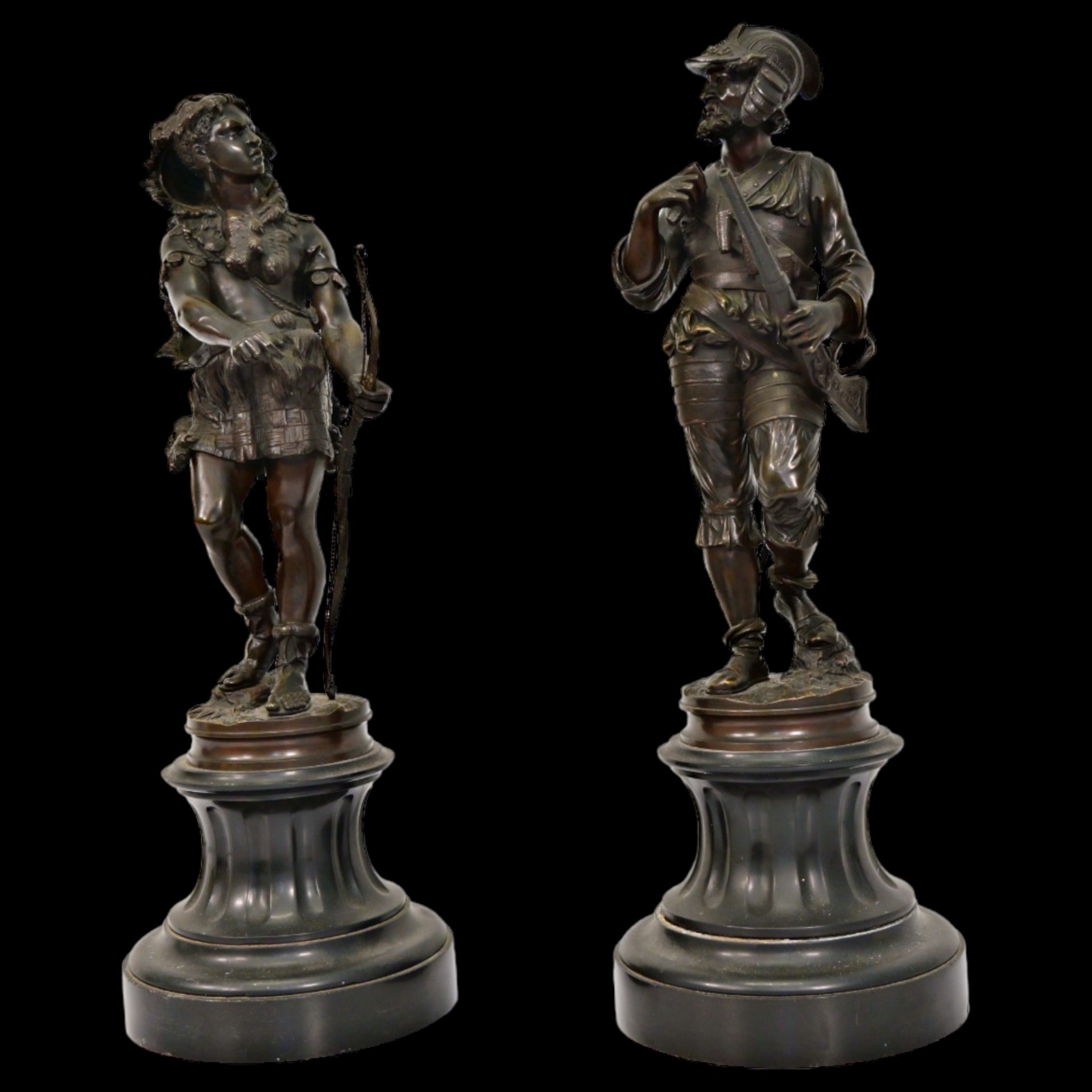 Pair of bronze statues on a marble base "Prehistoric Warrior" and "Musketeer" by Jean-Baptiste Alix - Image 2 of 10