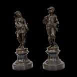 Pair of bronze statues on a marble base "Prehistoric Warrior" and "Musketeer" by Jean-Baptiste Alix