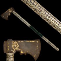 Caucasian battle ax with gold inlay and silver handle, 18th century.