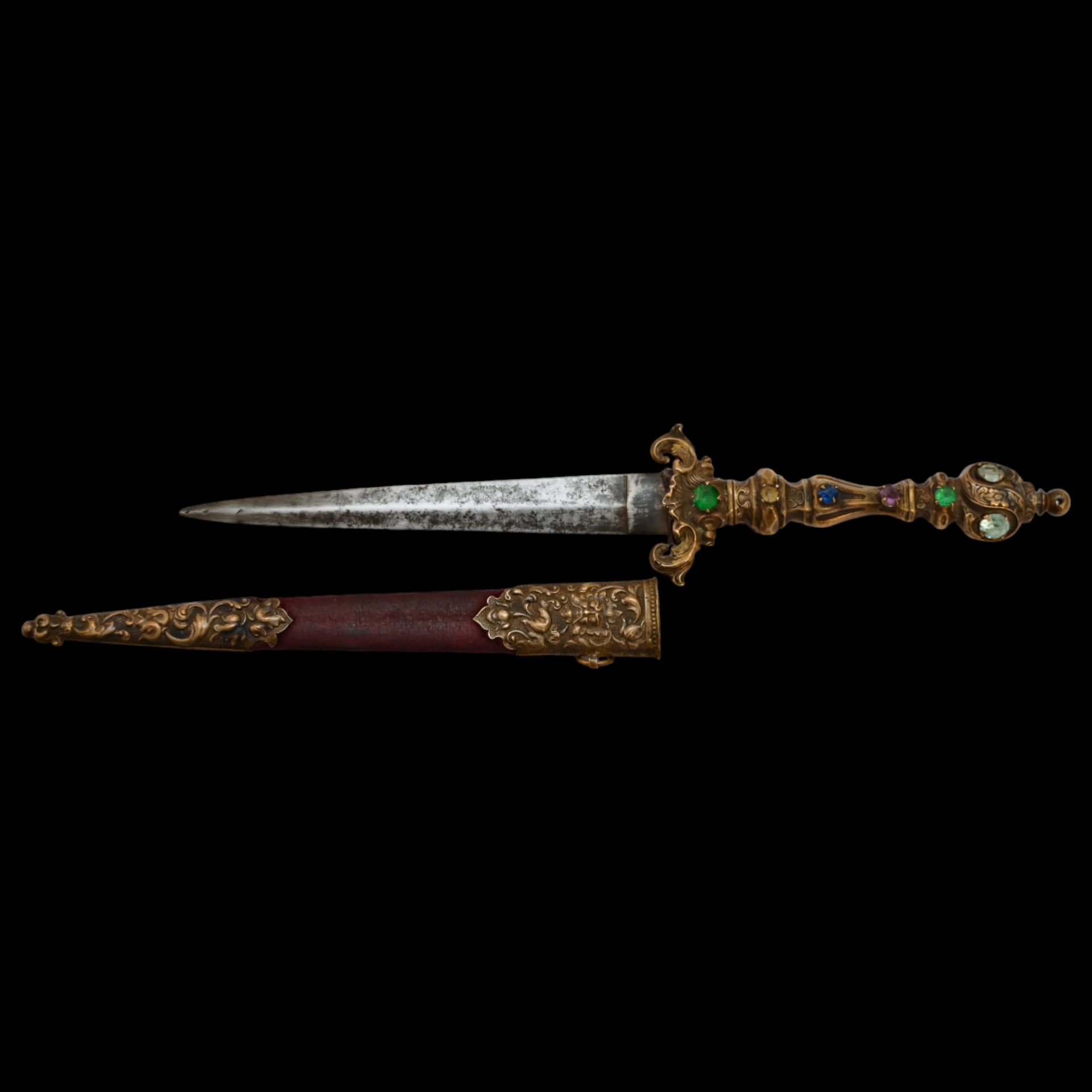 A Very high quality Dagger Renaissance Style Brass with inlaid colored stones, 19th century. - Image 9 of 9