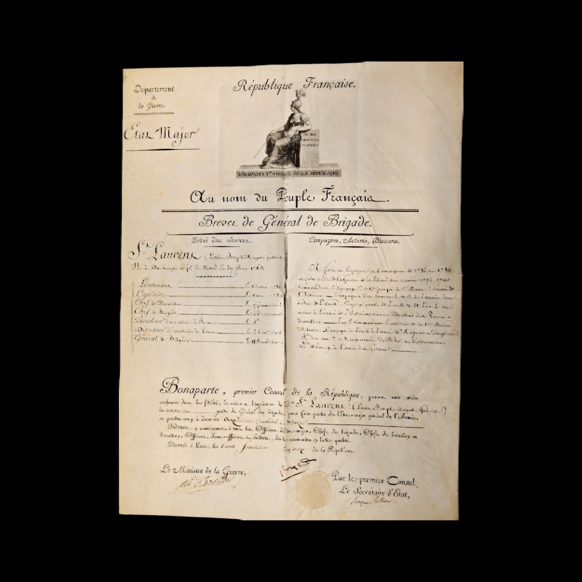 Diploma signed by Napoleon Bonaparte from the Military Department of the French Republic.