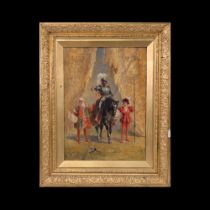 A painting, Oil on wood panel. France 19th century. A knight challenging to a duel in a tournament