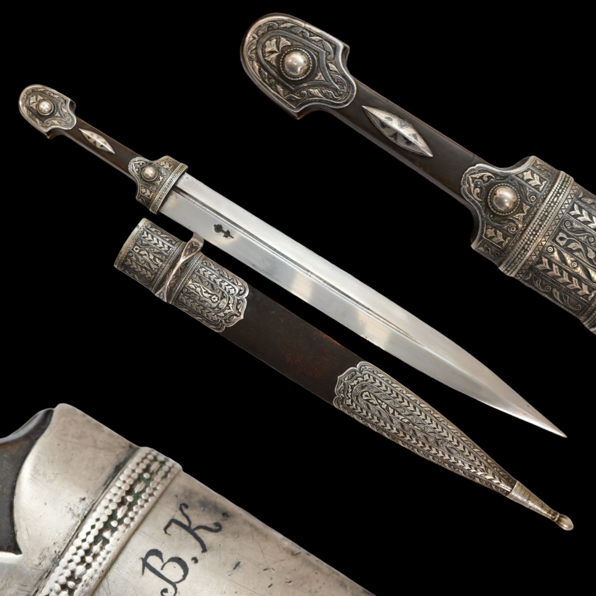 Caucasian Kama Dagger, silver, engraved, niello, His Imperial Majesty's Own Convoy, circa 1900.