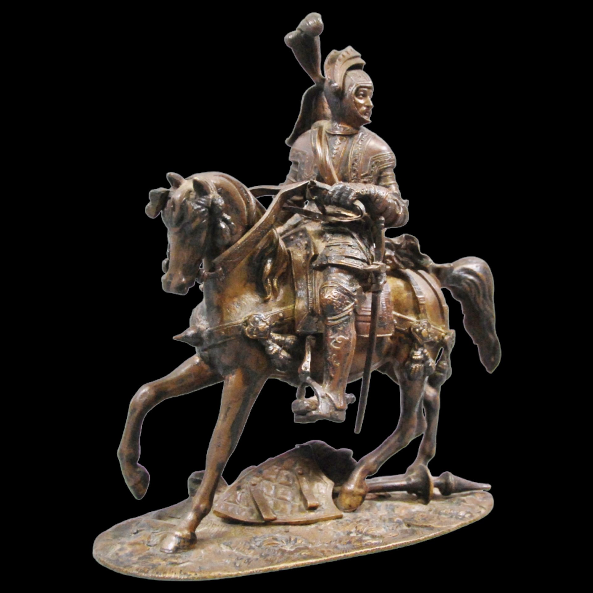 A bronze composition depicting an equestrian knight of the medieval period at a tournament. - Image 3 of 12