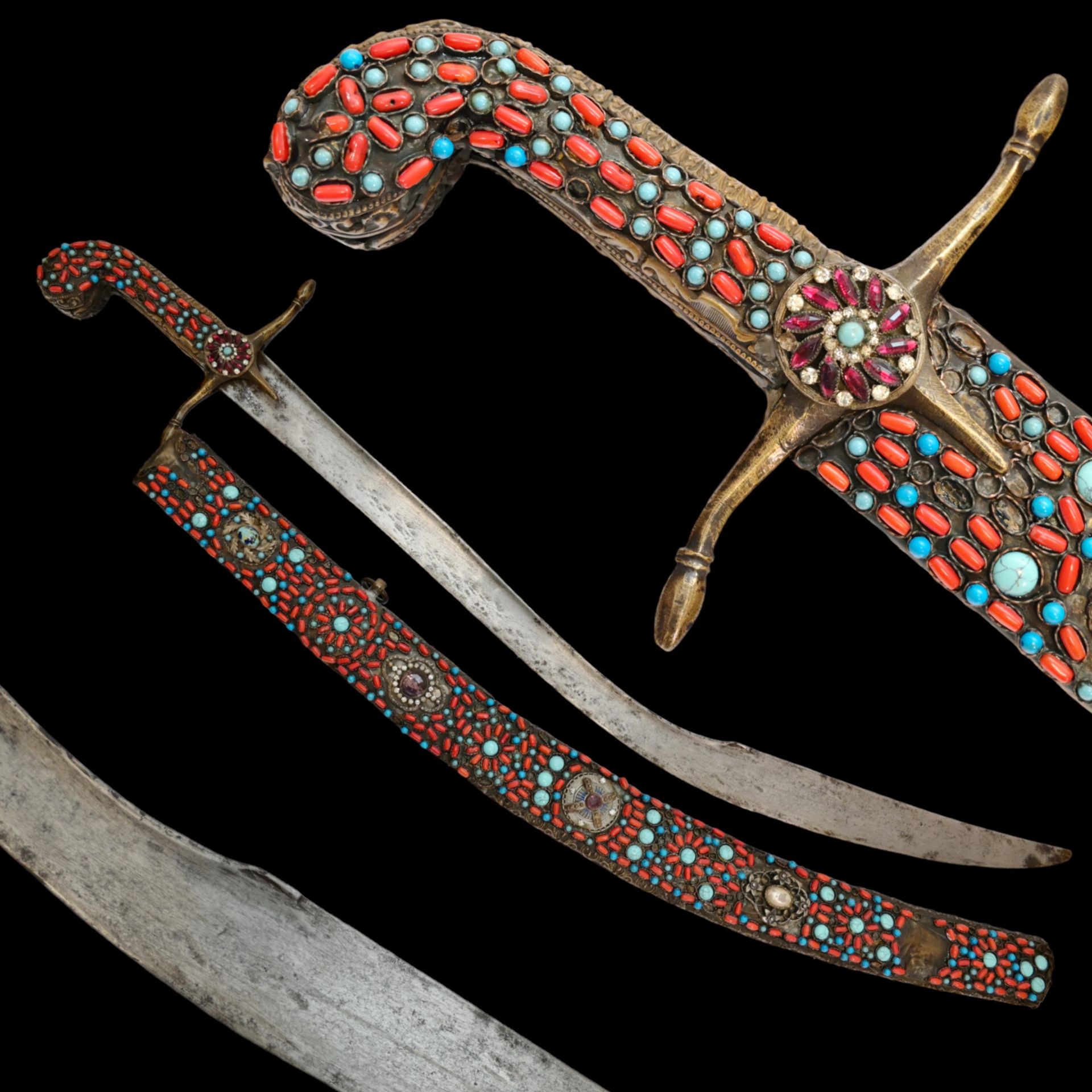 Rare Ottoman sword, Kilij, Pala, decorated with corals and turquoise, Turkey, Trabzon, around 1800.
