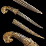 Richly decorated gold kofgari Indian dagger with wootz blade, 19th century.