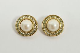 Pair of mid century Dior clip on earrings, cabochon faux pearl surrounded by white stones, set in