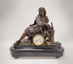 French late 19th century figural slate mounted mantel clock, the clock face with white enamel dial