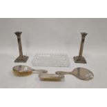Edwardian silver-plated dressing table set with cut glass tray, each engraved with monogram 'MU'