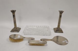 Edwardian silver-plated dressing table set with cut glass tray, each engraved with monogram 'MU'