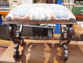 Victorian rosewood dressing stool of rectangular form, with upholstered cushion and carved scrolling