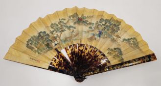 Japanese tortoiseshell painted paper fan, the guards inlaid with gilt metal and mother-of-pearl,