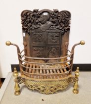 Large Dutch cast iron fireback with firegrate, the back with moulded decoration depicting coat of