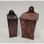 19th century oak candle box of tapering rectangular form, pierced for hanging, 37cm long and a