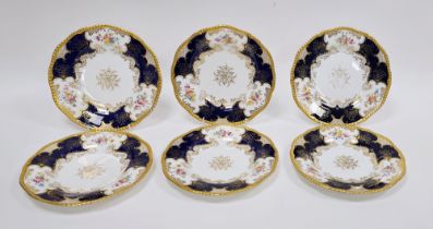 Six Coalport blue ground cabinet plates, circa 1900, printed green marks, each printed and painted