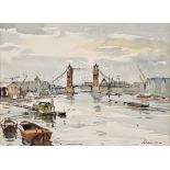 Edward Wesson (1910-1983) Watercolour and pen on paper Tower Bridge from the Thames, signed lower