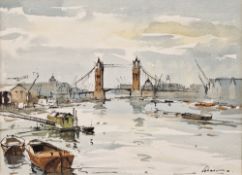 Edward Wesson (1910-1983) Watercolour and pen on paper Tower Bridge from the Thames, signed lower
