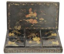 Chinese or Japanese black lacquered book-shaped box enclosed covered gaming boxes, late 19th