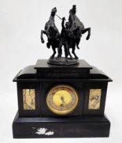 Late 19th century gilt metal mounted marble and slate mantel clock surmounted with a spelter group