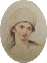 19th century school Watercolour Portrait of a young woman wearing white headscarf, unsigned,