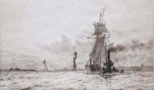 After William Lionel Wyllie (1851-1931) Drypoint etching Medway shipping scene with tug pulling tall