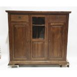 Modern stained veneered cabinet comprising a central partially glazed cupboard with two adjustable