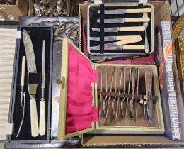 20th century three-piece carving set comprising knife, fork and sharpener and an assortment of other