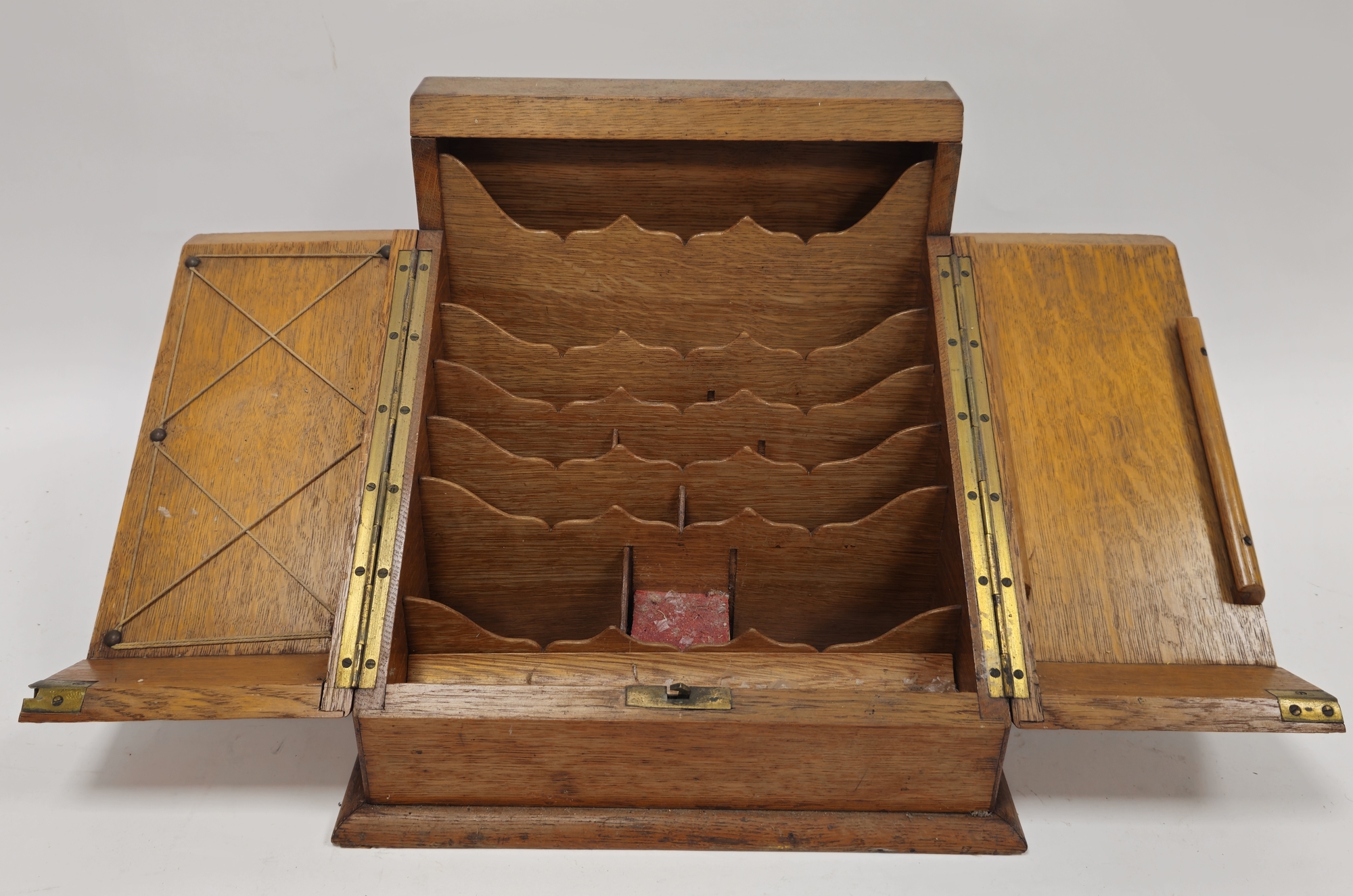 Victorian oak stationery box of canted hinged form enclosing a series of tiered racks and a pen - Image 2 of 2