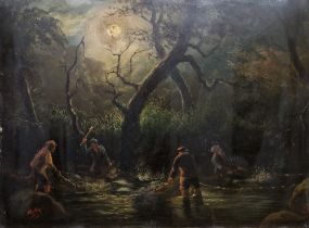 Late 19th/early 20th century school  Oil on cardboard panel  Moonlit fishing scene, indistinctly