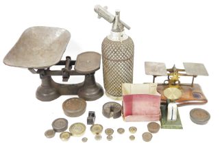 Early 20th century brass oak-mounted set of postal scales and weights, a Sparklets soda syphon, a