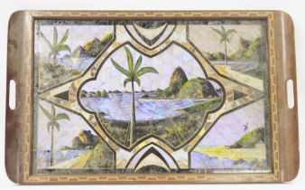 Brazilian butterfly wing mahogany mounted tray, mid 20th century, decorated with a series of