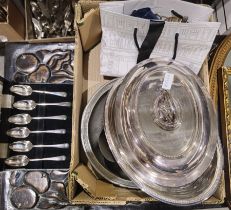 Silver-plated entree dish, set of six silver-plated grapefruit spoons, cased and other metalware (