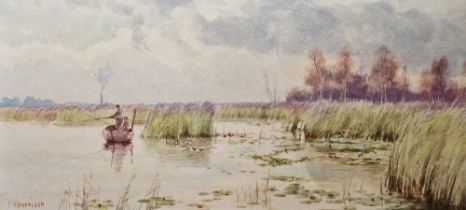 Charles Harmony Harrison (British,1942-1902) Watercolour Lake scene with fishermen in boat, signed