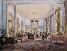 Helen Hamilton (19th century) Watercolour Interior view of a drawing room, signed and dated 1871