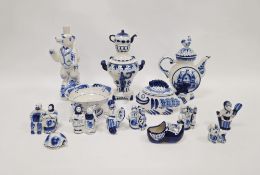 Group of Russian (Ghzel) and other items, all in blue and white, 20th century, including a teapot