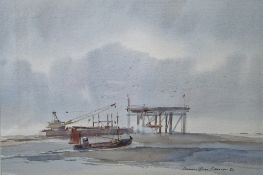 Dennis John Hanceri (British, 1928-2011) Watercolour 'Crane vessel near rig', signed and dated '82