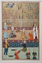 Three Indian miniature paintings, gouache on paper, depicting battle scenes and festivities, mounted