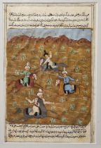 Four Indian miniature paintings, gouache on paper, depicting lovers and battle scenes, below