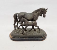 After Emile Loiseau (19th century), spelter group of a horse and foal before a fence, on shaped