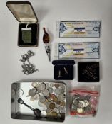 Assorted European and other coinage, 190 dollars of Barclays Bank travellers cheques, a pair of