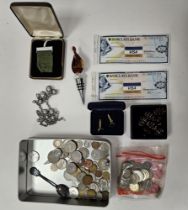 Assorted European and other coinage, 190 dollars of Barclays Bank travellers cheques, a pair of