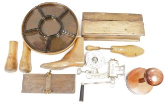Assorted shoe maker's tools, a wig stand, a wood and press moulded glass hors d'oeuvres set, a 30