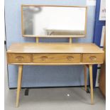 Ercol 'Windsor' range elm dressing table and chair, the rounded rectangular top mounted by