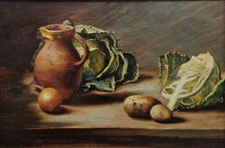 20th century school Oil on canvas Still life with cabbages and jug, unsigned, framed, 31cm x 46cm