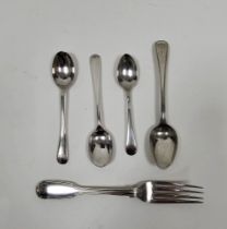 Early Victorian silver fork, hallmarked London 1844, makers mark rubbed, three silver teaspoons