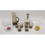 1970's smoke tinted glass part service comprising a globular decanter and stopper, six beakers and a